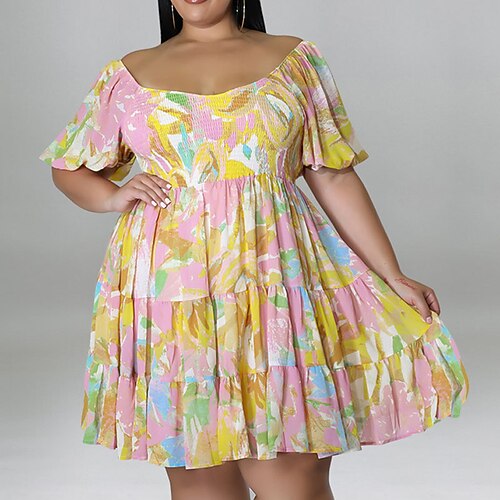 

Women's Plus Size Holiday Dress Floral Crew Neck Ruched Short Sleeve Spring Summer Casual Knee Length Dress Causal Daily Dress / Print