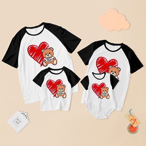 

Family Look Valentines T shirt Tops Heart Letter Bear Daily Patchwork White Short Sleeve Cute Matching Outfits / Spring / Summer / Print