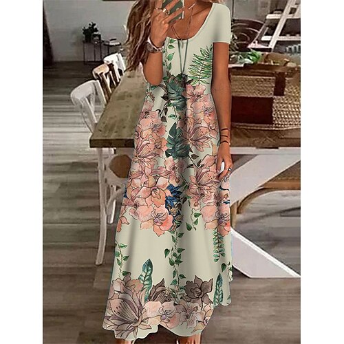 

Damen Casual kleid Etuikleid kleid lang Blau Grün Beige Kurzarm Blumen Tasche Frühling Sommer V Ausschnitt Urlaub 2023 S M L XL XXL 3XL