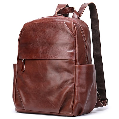 

Men's School Bag Commuter Backpack Functional Backpack Cowhide Solid Color Large Capacity Waterproof Zipper Daily Black Coffee