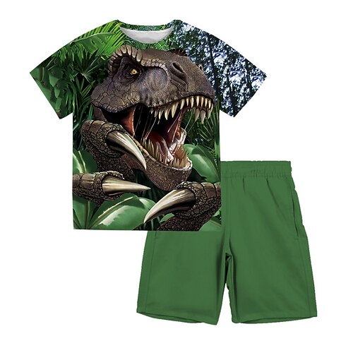 

2 Pieces Kids Boys T-shirt & Shorts Clothing Set Outfit Animal Dinosaur Short Sleeve Crewneck Set Outdoor Sports Fashion Cool Spring Summer 3-13 Years Green Blue