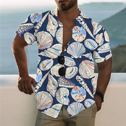 

Men's Shirt 3D Print Conch Stand Collar Casual Daily Button-Down Print Short Sleeve Tops Designer Casual Fashion Comfortable Navy Blue