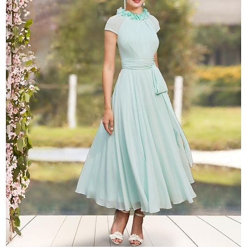 

A-Line Mother of the Bride Dress Elegant Sweet Jewel Neck Tea Length Chiffon Cap Sleeve with Sash / Ribbon Pleats 2022