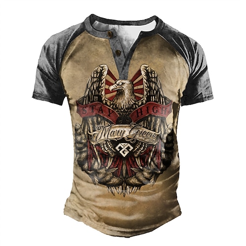 

Men's Henley Shirt Tee T shirt Tee 3D Print Graphic Patterned Eagle Plus Size Henley Daily Sports Patchwork Button-Down Short Sleeve Tops Designer Basic Casual Classic Brown / Summer