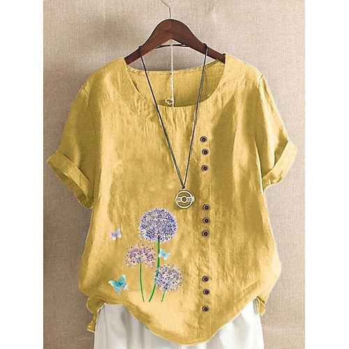 

Mulheres Camisa Social Branco Amarelo Verde Claro Borboleta dandelion Botão Imprimir Manga Curta Diário Final de semana Roupa de rua Casual Decote Redondo Padrão Tema Flores Borboleta S