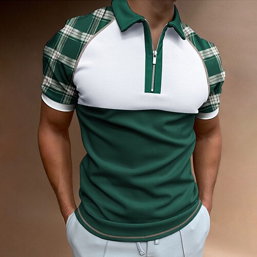 

Men's Collar Polo Shirt Golf Shirt Quarter Zip Polo Color Block Turndown White / Green Street Casual Short Sleeve Zipper Clothing Apparel Fashion Casual Comfortable / Beach