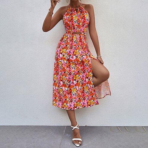 

Mujer Vestido de flores Vestido Midi Rojo Sin Mangas Floral Ahuecado Primavera Verano Cuello halter Fin de semana 2022 S M L XL