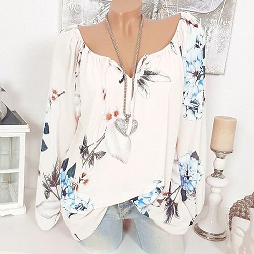 

Women's Plus Size Tops Blouse Shirt Floral Print Long Sleeve V Neck Streetwear Daily Going out Polyester Fall Winter White Yellow