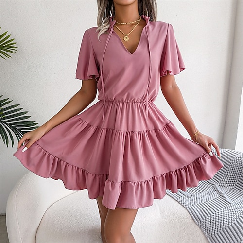 

Women's Casual Dress Swing Dress Mini Dress Blue Pink Army Green Short Sleeve Pure Color Ruffle Spring Summer V Neck Classic Loose Fit 2022 S M L XL