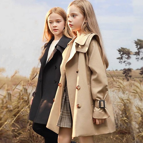 

Kids Girls' Coat Outerwear Plain Long Sleeve Pocket Coat Daily Cotton Active Adorable Black Khaki Fall Spring 3-13 Years