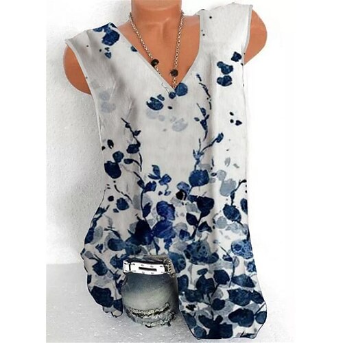

Women's Plus Size Tops Tank Top Floral Zipper Print Sleeveless V Neck Streetwear Daily Holiday Cotton Spandex Jersey Spring Summer White