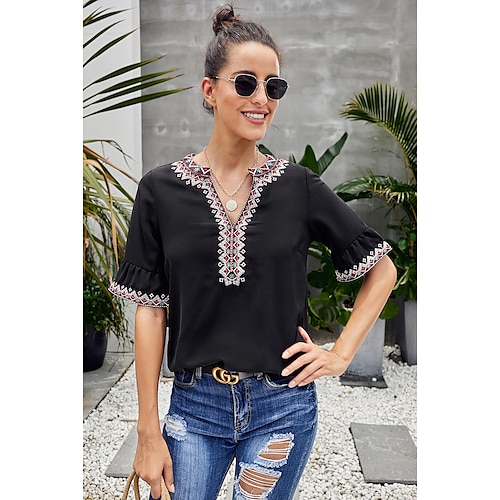 

Women's Geometric Daily Weekend Geometric Blouse Shirt Short Sleeve Print V Neck Casual Streetwear Tops Black Blue Red S