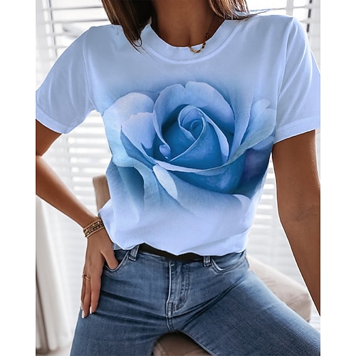 

Women's T shirt Tee Green Blue Purple Floral 3D Print Short Sleeve Casual Holiday Basic Round Neck Regular Floral 3D Printed Painting S