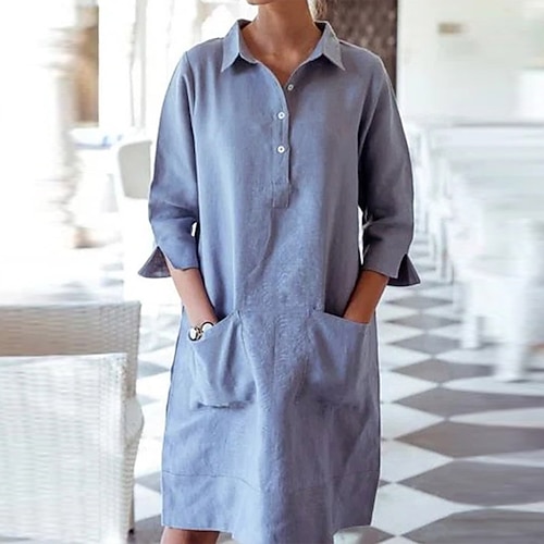 

Women's Shirt Dress Knee Length Dress Blue 3/4 Length Sleeve Pure Color Split Pocket Patchwork Summer Shirt Collar Stylish Casual 2022 S M L XL XXL
