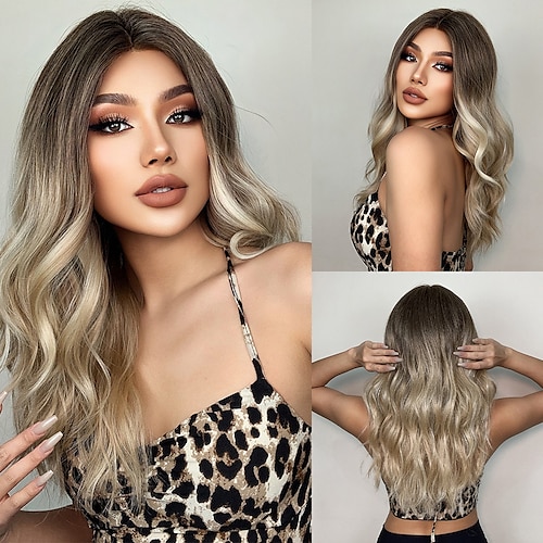 

HAIRCUBE Ombre Brown/Auburn/Golden/Wine/Black Lace Front Wig Long Natural Wavy 1341 T Part Kanekalon Blonde Lace Wig With Baby Hair for Woman 180% Density