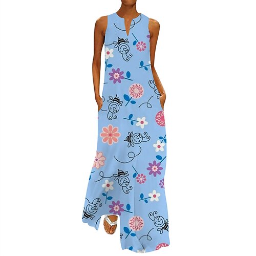 

Women's Swing Dress Maxi long Dress White Black Blue Khaki Beige Sleeveless Floral Pocket Print Spring Summer V Neck Casual 2022 S M L XL XXL 3XL 4XL 5XL