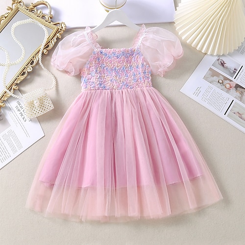 

Kids Little Girls' Dress Solid Colored Tulle Dress Party Daily Mesh Pink Knee-length Short Sleeve Princess Cute Dresses Spring Summer Slim 2-8 Years
