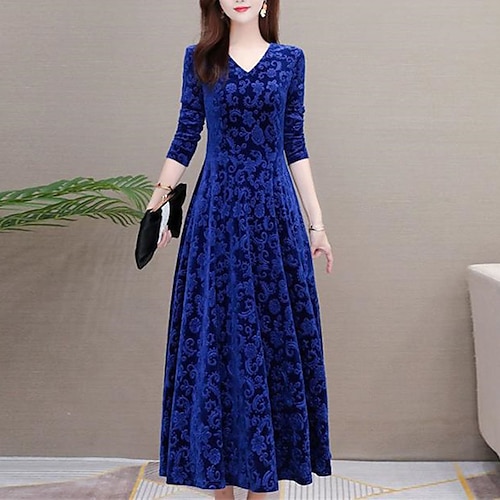 

Women's Party Dress Velvet Dress Swing Dress Long Dress Maxi Dress Blue Purple Long Sleeve Pure Color Ruched Winter Fall Autumn V Neck Winter Dress Weekend Fall Dress 2022 M L XL XXL 3XL 4XL