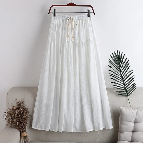 

Women's Skirt Swing Midi Linen Black White Pink Beige Skirts Summer Pleated Drawstring Fashion Long Summer Vacation Casual Daily S M L