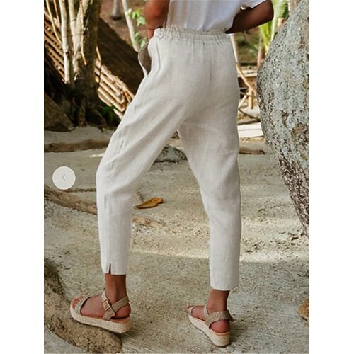 

Women's Chinos Pants Trousers Linen / Cotton Blend White Mid Waist Fashion Casual Weekend Side Pockets Ankle-Length Comfort Plain S M L XL XXL