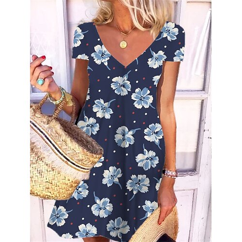 

Mulheres Vestido casual Vestido de turno Rosa Azul Marinha Manga Curta Floral Imprimir Primavera Verão Decote V 2022 S M L XL XXL 3XL