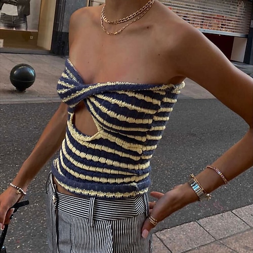 

Women's Tube Top White Yellow Light Green Striped Cut Out Sleeveless Holiday Weekend Streetwear Casual Strapless Regular Cotton S