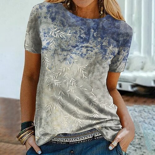

Women's T shirt Tee Green Blue Purple Leaf Print Short Sleeve Casual Holiday Basic Round Neck Regular Floral Painting S / 3D Print
