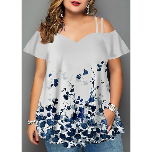 

Women's Plus Size Tops Blouse Shirt Floral Cut Out Pocket Short Sleeve V Neck Streetwear Daily Going out Polyester Spring Summer Green White