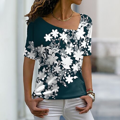 

Women's T shirt Tee Green Purple Navy Blue Floral Print Short Sleeve Casual Weekend Basic V Neck Regular Floral Painting S / 3D Print