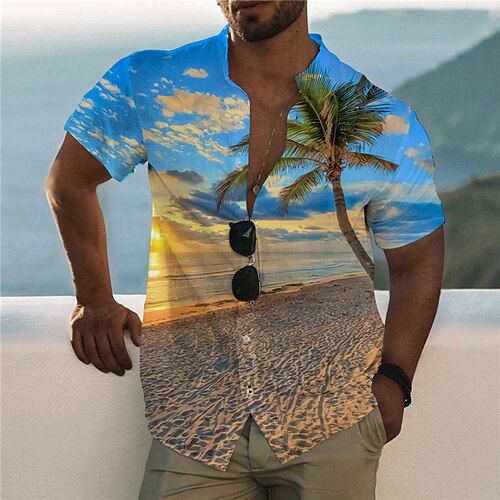 

Men's Shirt Summer Hawaiian Shirt Graphic Shirt Coconut Tree Stand Collar Blue 3D Print Outdoor Casual Short Sleeve Button-Down Print Clothing Apparel Fashion Designer Casual Hawaiian / Sports