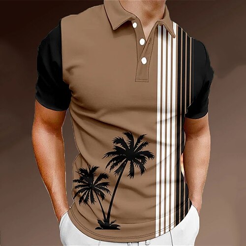 

Men's Collar Polo Shirt Golf Shirt Tree Turndown Brown Print Street Daily Short Sleeve Zipper Print Clothing Apparel Fashion Casual Breathable Comfortable / Beach