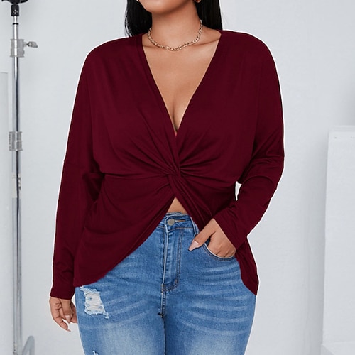 

Women's Plus Size Tops Blouse Shirt Plain Ruched Long Sleeve V Neck Streetwear Daily Back to School Polyester Spring Summer Black Wine