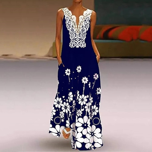 

Women's Casual Dress Swing Dress Long Dress Maxi Dress Black Blue Sleeveless Floral Lace Spring Summer V Neck 2022 S M L XL XXL