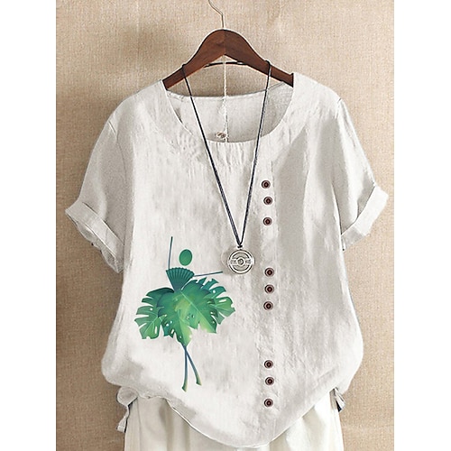 

Women's Shirt White Yellow Light Green Animal Button Print Short Sleeve Daily Holiday Round Neck Regular Loose Fit S