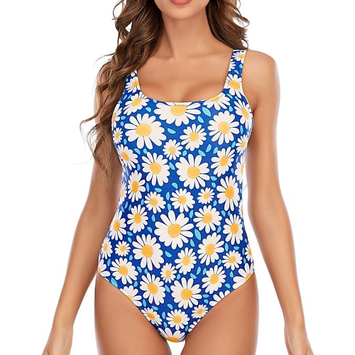 

Women's Swimwear One Piece Monokini Bathing Suits Normal Swimsuit Tummy Control Open Back Printing High Waisted Blue Scoop Neck Bathing Suits New Vacation Fashion / Modern
