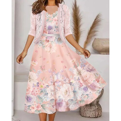 Women's Dress Set Two Piece Dress A Line Dress Midi Dress Pink Half Sleeve Floral Lace Summer Spring Crew Neck Stylish 2023 S M L XL XXL 3XL 4XL 5XL, lightinthebox  - buy with discount