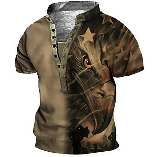 

Men's T shirt Tee Henley Shirt Tee Graphic Animal Stand Collar Green Blue Purple Brown Gray 3D Print Plus Size Outdoor Daily Short Sleeve Button-Down Print Clothing Apparel Basic Designer Casual Big