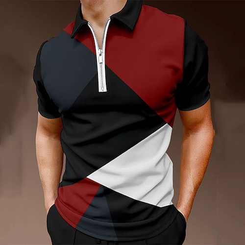 

Men's Collar Polo Shirt Golf Shirt Color Block Turndown RedGreyBlack 3D Print Street Daily Short Sleeve Zipper 3D Clothing Apparel Fashion Casual Comfortable / Beach