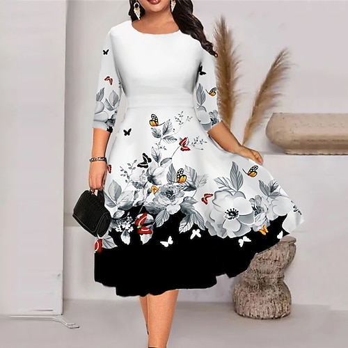 

Women's Plus Size Holiday Dress Animal Crew Neck Print 3/4 Length Sleeve Spring Fall Work Midi Dress Daily Vacation Dress / Butterfly