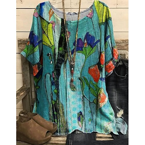 

Women's Plus Size Tops Blouse T shirt Tee Floral Graphic Print Short Sleeve Round Neck Basic Daily Weekend Cotton Spring Summer Blue