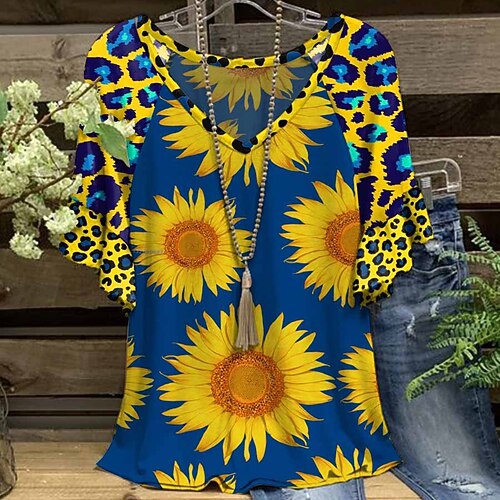 

Women's T shirt Tee Blue Yellow Light Green Floral Sunflower Ruffle Print Short Sleeve Casual Holiday Basic V Neck Regular Floral Painting S / 3D Print