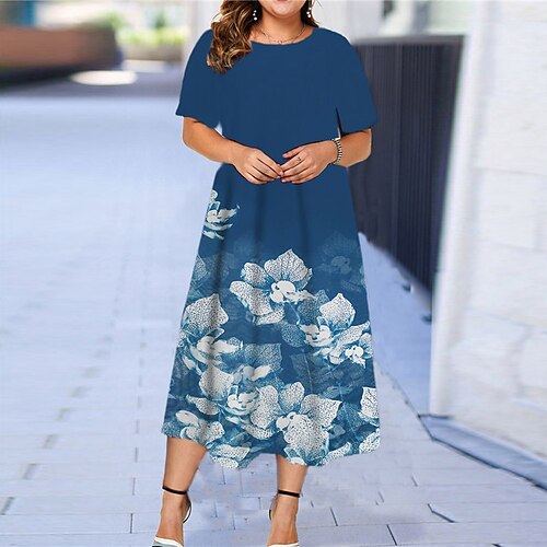 

Women's Plus Size Holiday Dress Floral Crew Neck Print Short Sleeve Spring Summer Work Maxi long Dress Date Work Dress