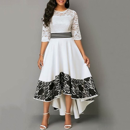 

Women's Party Dress Maxi long Dress White Half Sleeve Color Block Lace Patchwork Plus High Low Spring Summer Round Neck Party Elegant 2022 S M L XL XXL 3XL