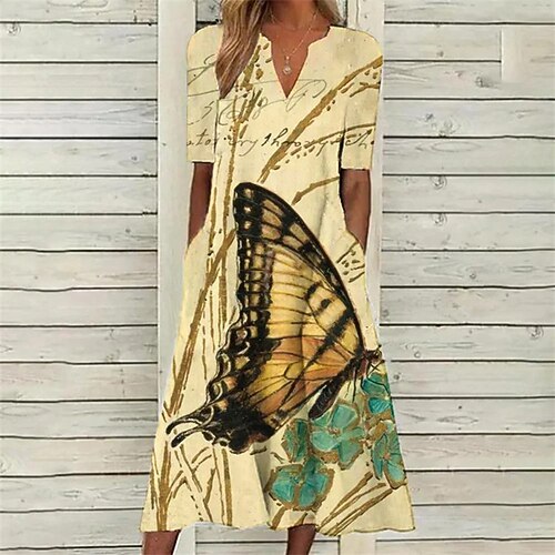 

Women's A Line Dress Midi Dress Yellow Khaki Short Sleeve Floral Butterfly Letter Pocket Print Spring Summer V Neck Casual Mature 2022 S M L XL XXL