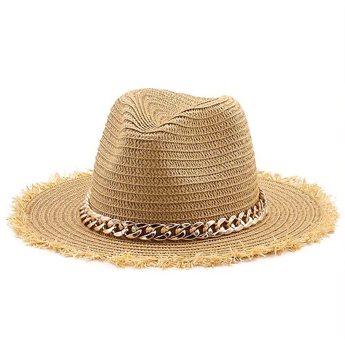 

Beach Panama Soft Shaped Straw Hats For Women Men Summer Outdoor Sun Protection Sun Hats With Gold Chain Sun Hats