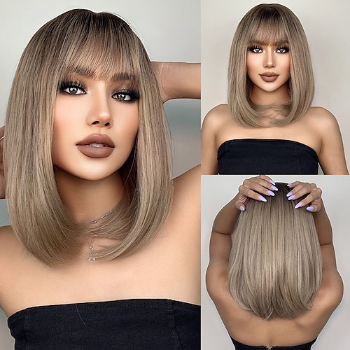 

HAIRCUBE BOB Wigs Ombre Brown Shoulder Length Bob Wavy Wigs With Bangs Trendy Summer For Women