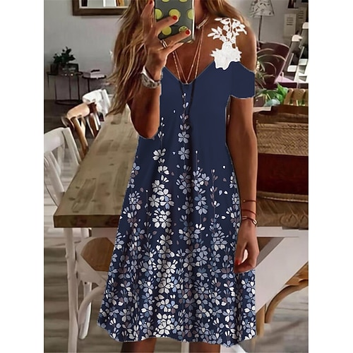 

Women's A Line Dress Knee Length Dress Navy Blue Short Sleeve Floral Lace Cold Shoulder Print Spring Summer V Neck Casual Vacation 2022 S M L XL XXL 3XL