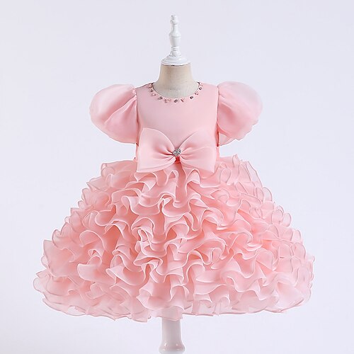 

Kids Little Girls' Dress Solid Colored A Line Dress Party Special Occasion Beaded Puff Sleeve Bow White Pink Knee-length Short Sleeve Princess Cute Dresses Spring Summer Slim 3-10 Years