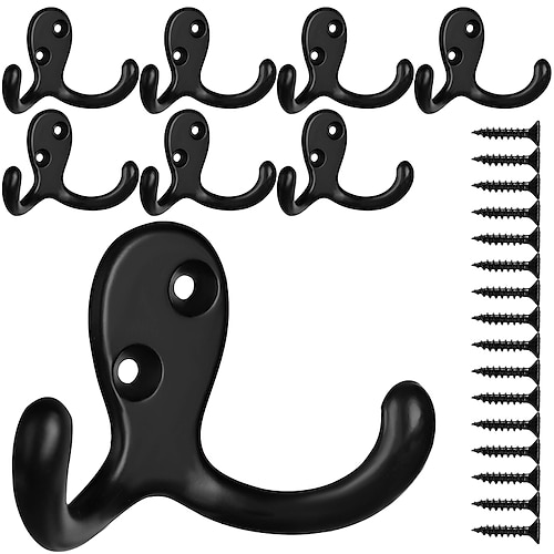 

8 Pack Bigger Heavy Duty Double Prong Coat Hooks Wall Mounted with 16 Screws Retro Double Robe Hooks Utility Hooks for Coat Scarf Bag Towel Key Cap Cup Hat
