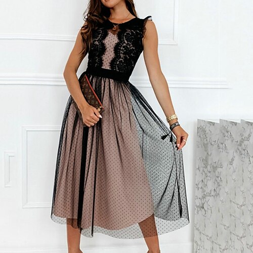 

Women's Party Dress Casual Dress Swing Dress Midi Dress Black Sleeveless Pure Color Lace Spring Summer Crew Neck Modern Party 2022 S M L XL